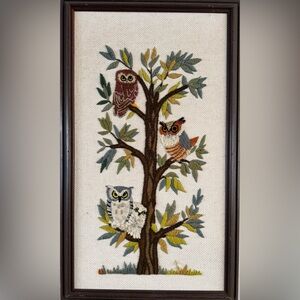 Vintage Large Framed Owl Crewel Embroidery by Erica Wilson:  Tree of Life